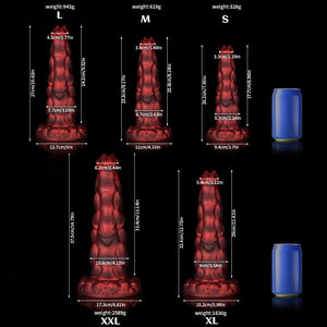 Sphinx Crimson Fantasy Knot Dildo for Ultimate Pleasure, showcasing size options L, M, S, XL, and XXL