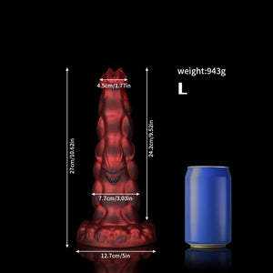 Sphinx Crimson Fantasy Knot Dildo for Ultimate Pleasure displayed with size comparison to a soda can