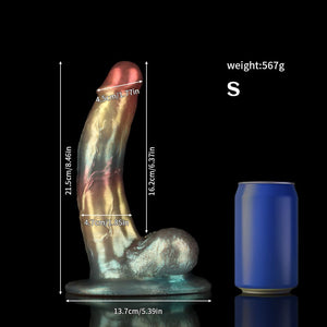 Knot Dildo Bent Gentleman Rainbow Fantasy Dildo with detailed measurements and vibrant colors