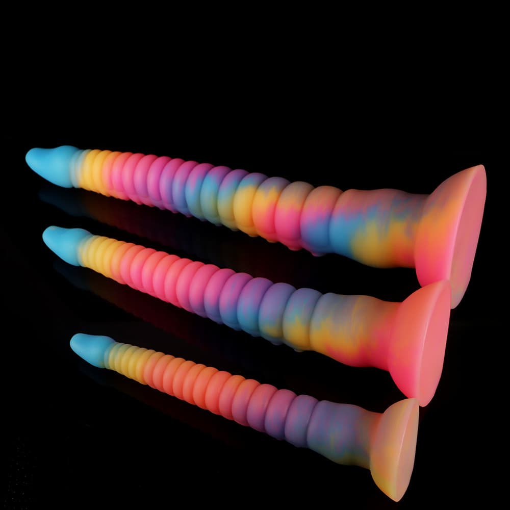 Knot Dildo Octopus Blue Yellow Purple Tentacle Dildo in three vibrant sizes with ribbed texture