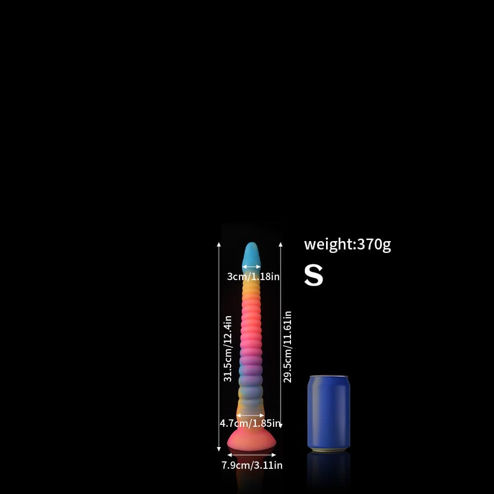 Knot Dildo Octopus Blue Yellow Purple Tentacle Dildo with various length measurements and a can for size reference