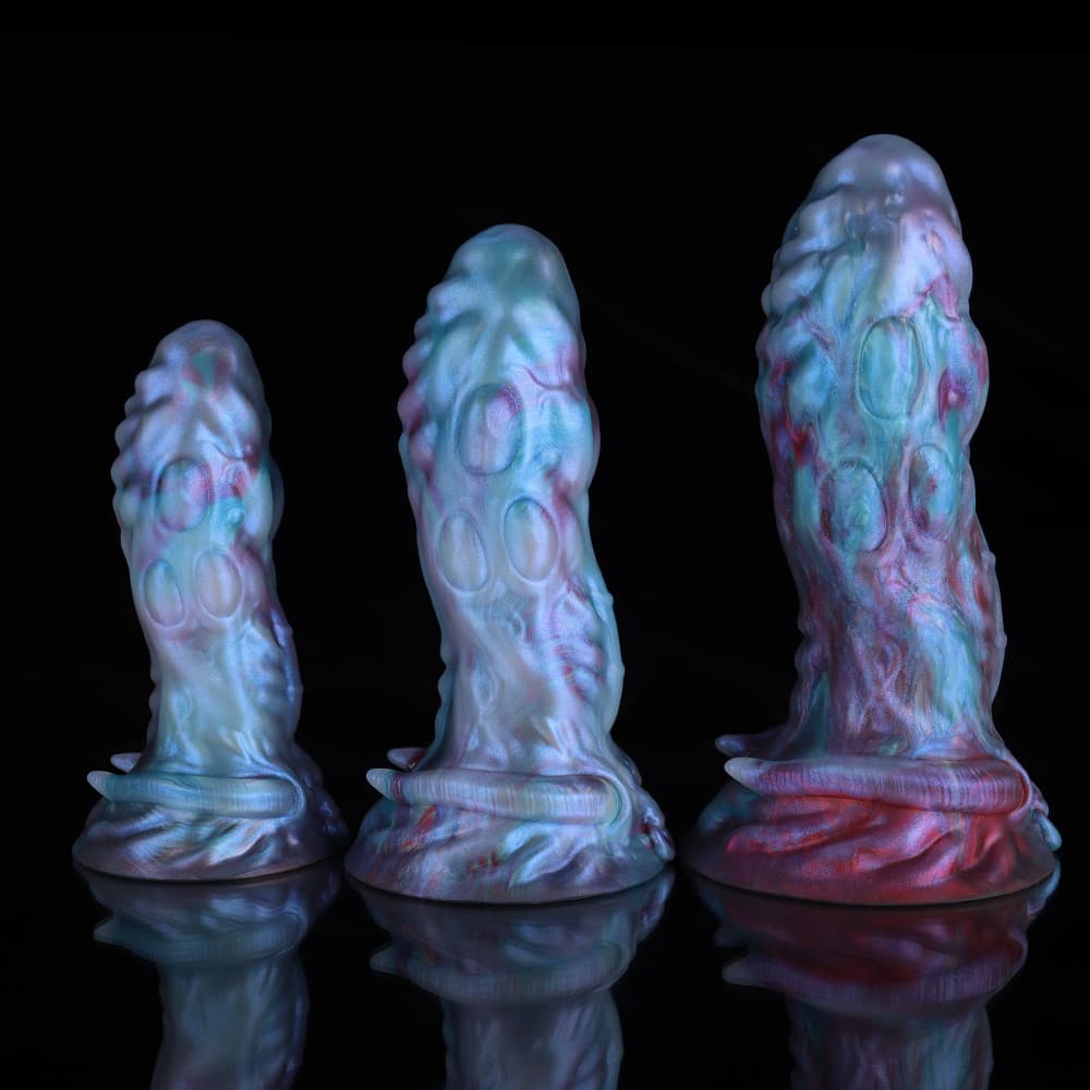Taurus Gradient Blue Purple Knot Dildo by Knot Dildo in three sizes showcasing unique colors and textures