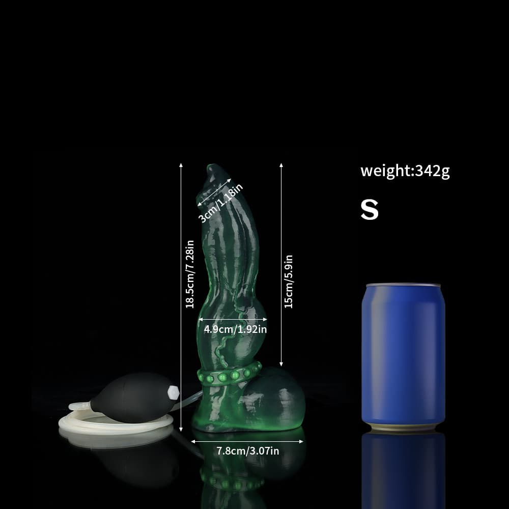 Knot Dildo Venom Green Knot Ejaculating Dildo with detailed measurements displayed beside a soda can for size reference