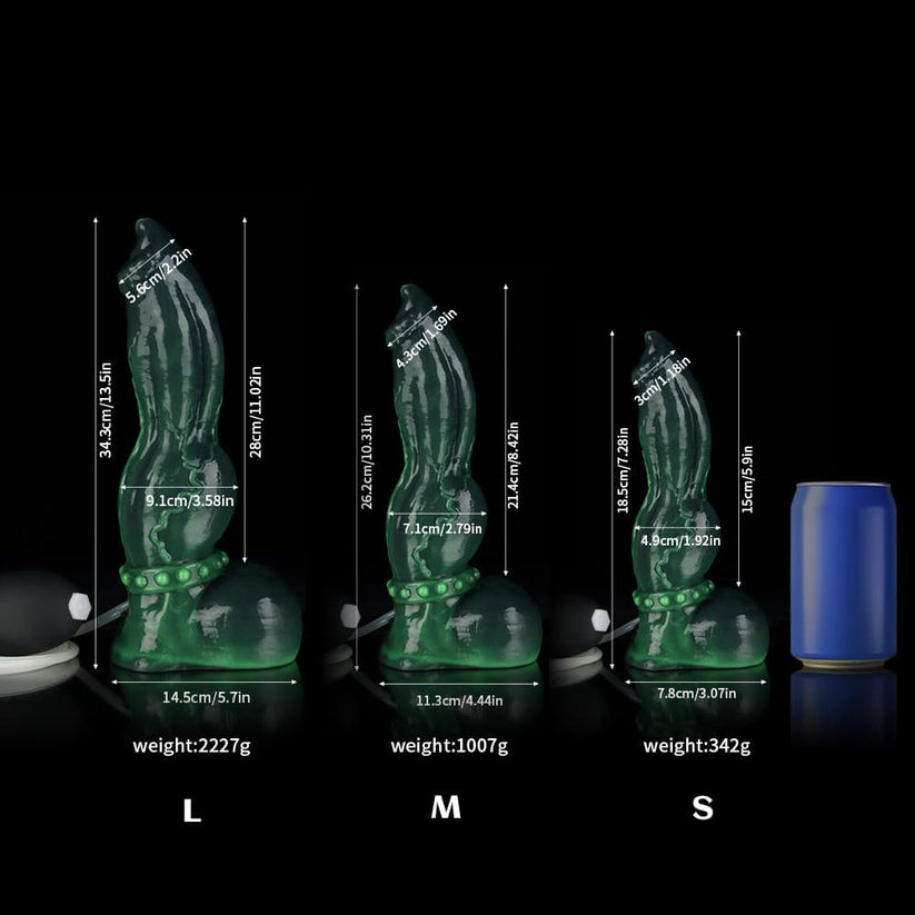 Knot Dildo Venom Green Knot Ejaculating Dildo in three sizes with measurements and weights displayed