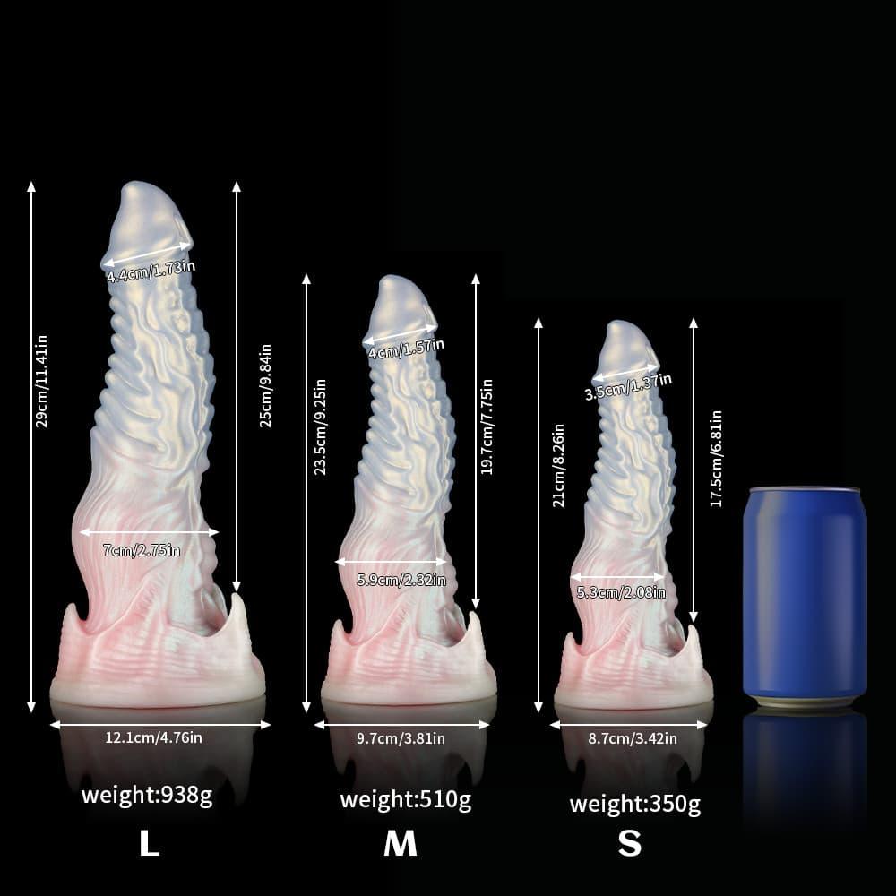 KnotDildo-Ghostly Pink Fantasy Monster Knotted Dildo in three sizes with detailed measurements.