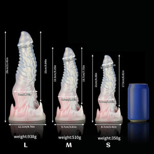 KnotDildo-Ghostly Pink Fantasy Monster Knotted Dildo in three sizes with detailed measurements.