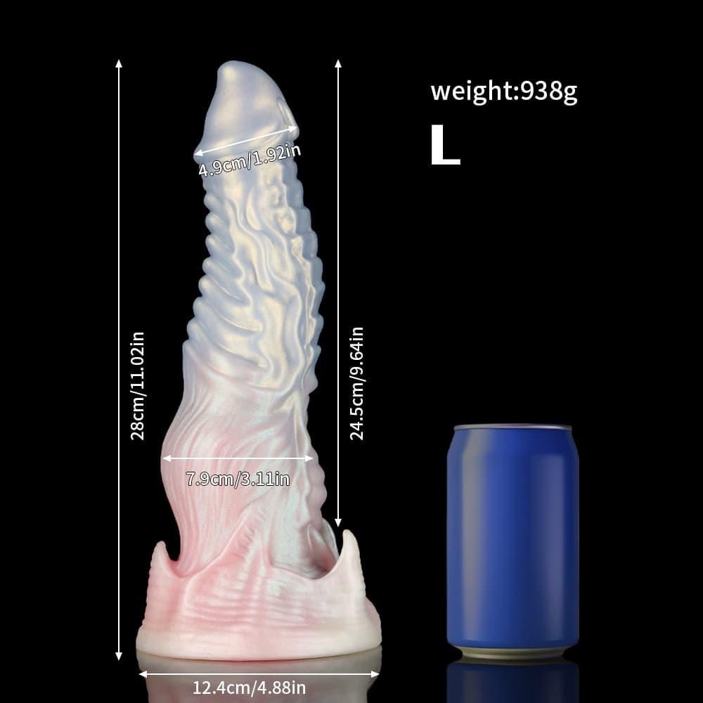 KnotDildo-Ghostly Pink Fantasy Monster Knotted Dildo showcasing detailed texture and dimensions next to a can for scale