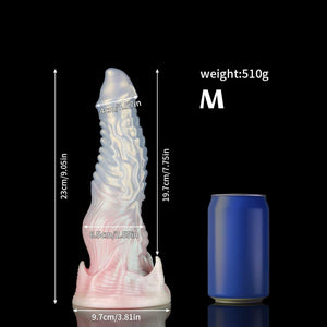 KnotDildo-Ghostly Pink Fantasy Monster Knotted Dildo with textured design and measurements for reference