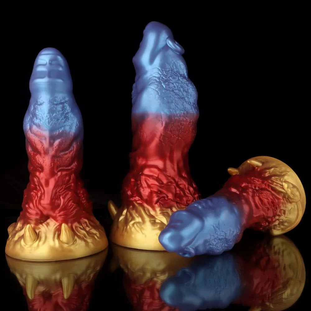 KnotDildo Leo Gradient Red Purple Gold Fantasy Dildo with Textured Surface and Bold Colors
