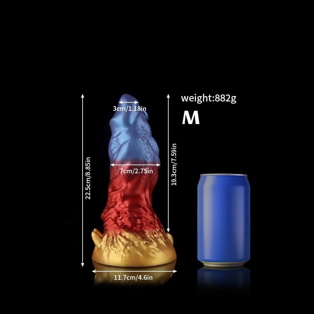 KnotDildo Leo Gradient Red Purple Gold Fantasy Dildo with impressive size and unique color blend