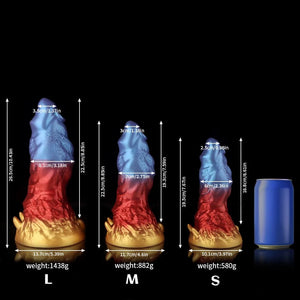 KnotDildo Leo Gradient Red Purple Gold Fantasy Dildo with detailed size measurements and vibrant colors