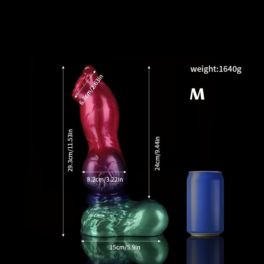 KnotDildo Nicos Gun Dog Gradient Purple Green Fantasy Knotted Dildo with detailed dimensions and a sleek design