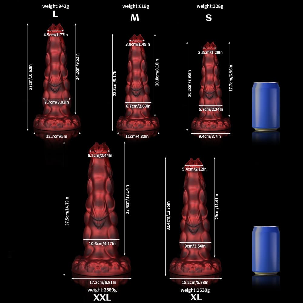 Sphinx Crimson Fantasy Knot Dildo for Ultimate Pleasure, showcasing size options L, M, S, XL, and XXL