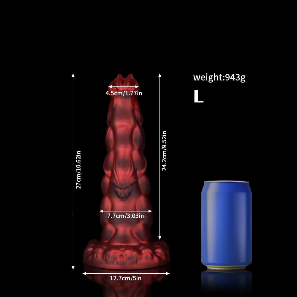 Sphinx Crimson Fantasy Knot Dildo for Ultimate Pleasure displayed with size comparison to a soda can