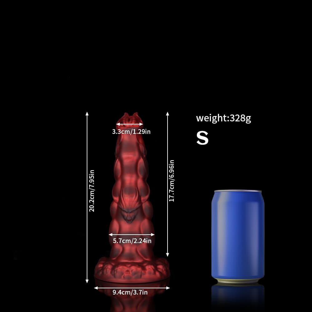 Sphinx Crimson Fantasy Knot Dildo for Ultimate Pleasure with detailed dimensions beside a soda can